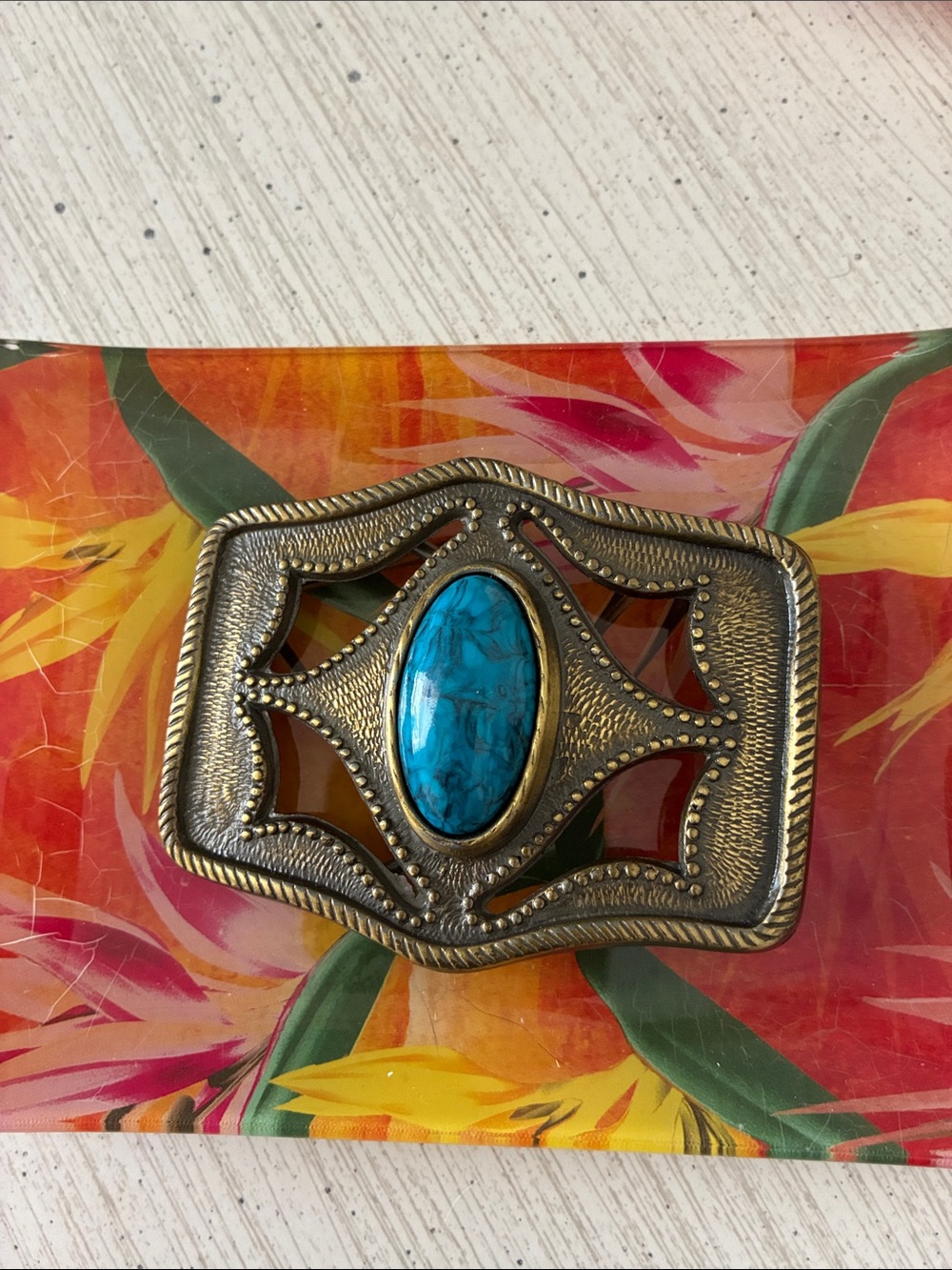 Antique-Style Decorative Metal Buckle in Aged Brass Tone and faux turquoise.